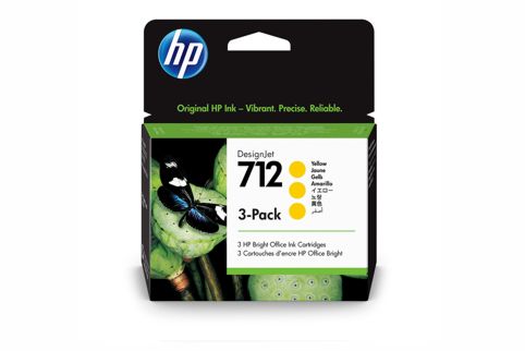 HP NO 712 Designjet T250 Yellow Ink 29ml - 3 Pack (Genuine)