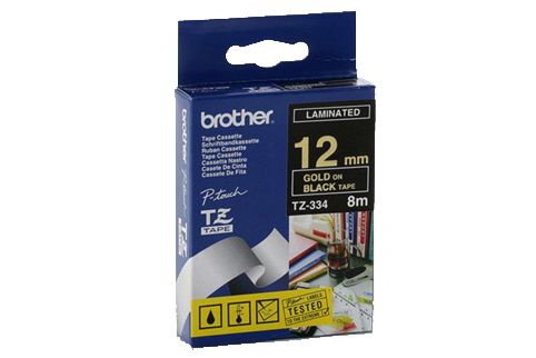 Brother PT-9600 Laminated Gold on Black Tape - 12mm x 8m (Genuine)