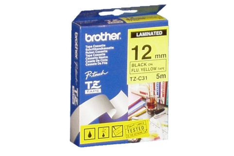 Brother PT-3600 Laminated Blue on Flu. Yellow Tape - 12mm x 5m (Genuine)