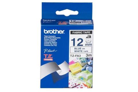 Brother PT-1750 Fabric Tape Blue on White Tape - 12mm x 3m (Genuine)